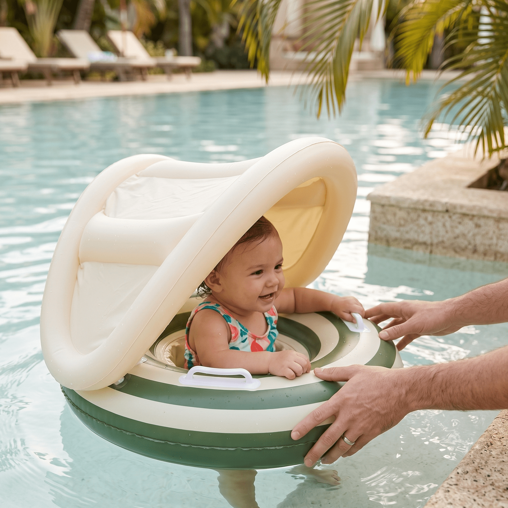 Child in a pool with a baby seat and adult's hand, surrounded by palm trees and lounge chairs.